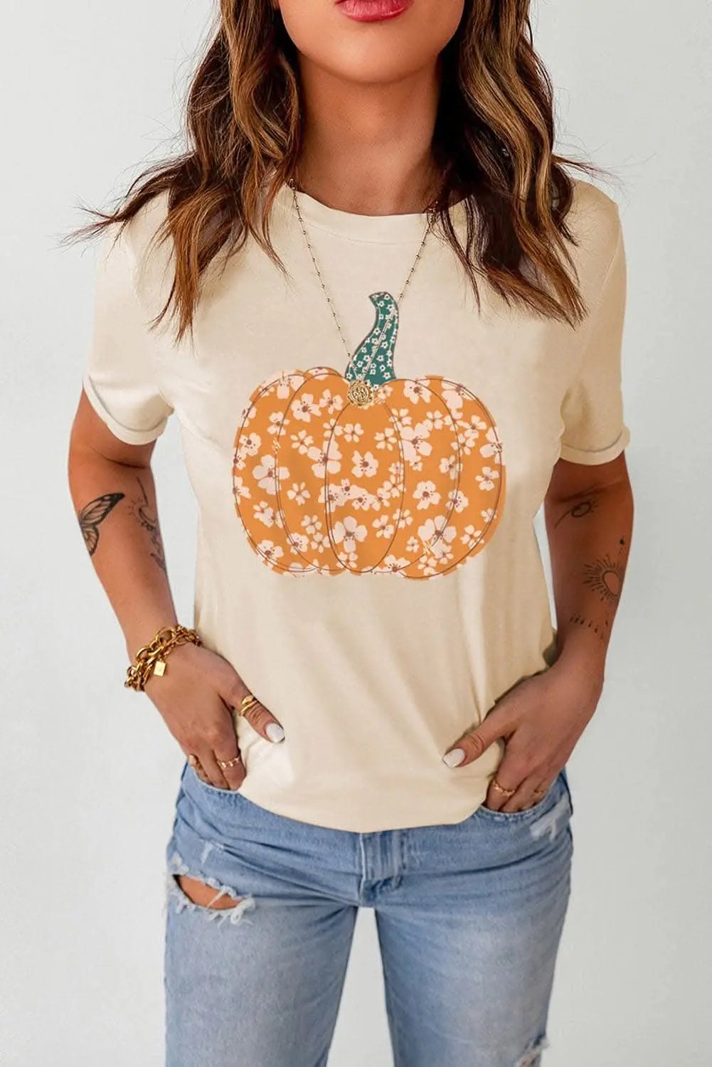 T-Shirts Trendsi Pumpkin Print Graphic T-Shirt Women's Fall Fashion Tee