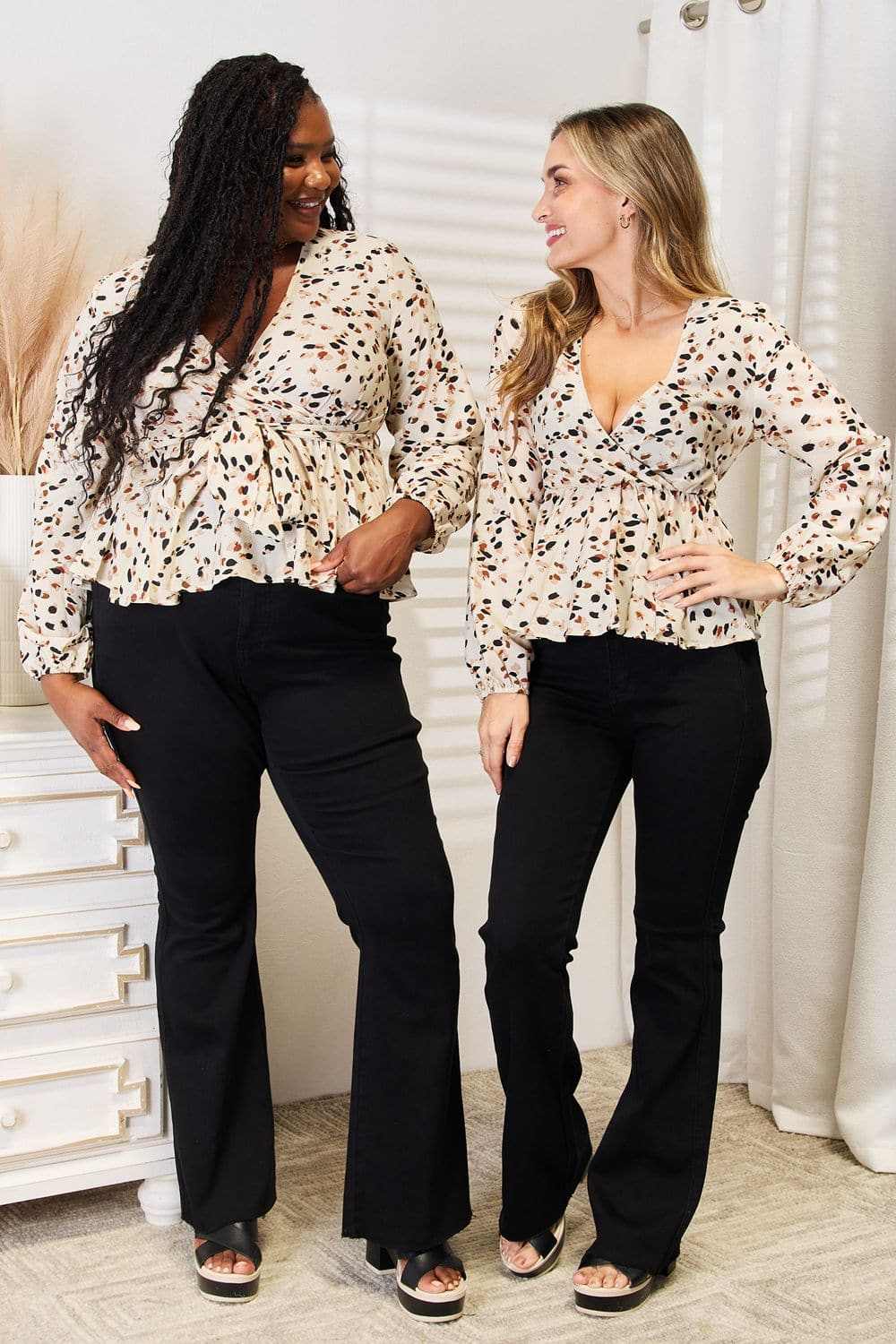 T-Shirts Trendsi Vibrant plunge peplum top - tied detail - Premium Quality