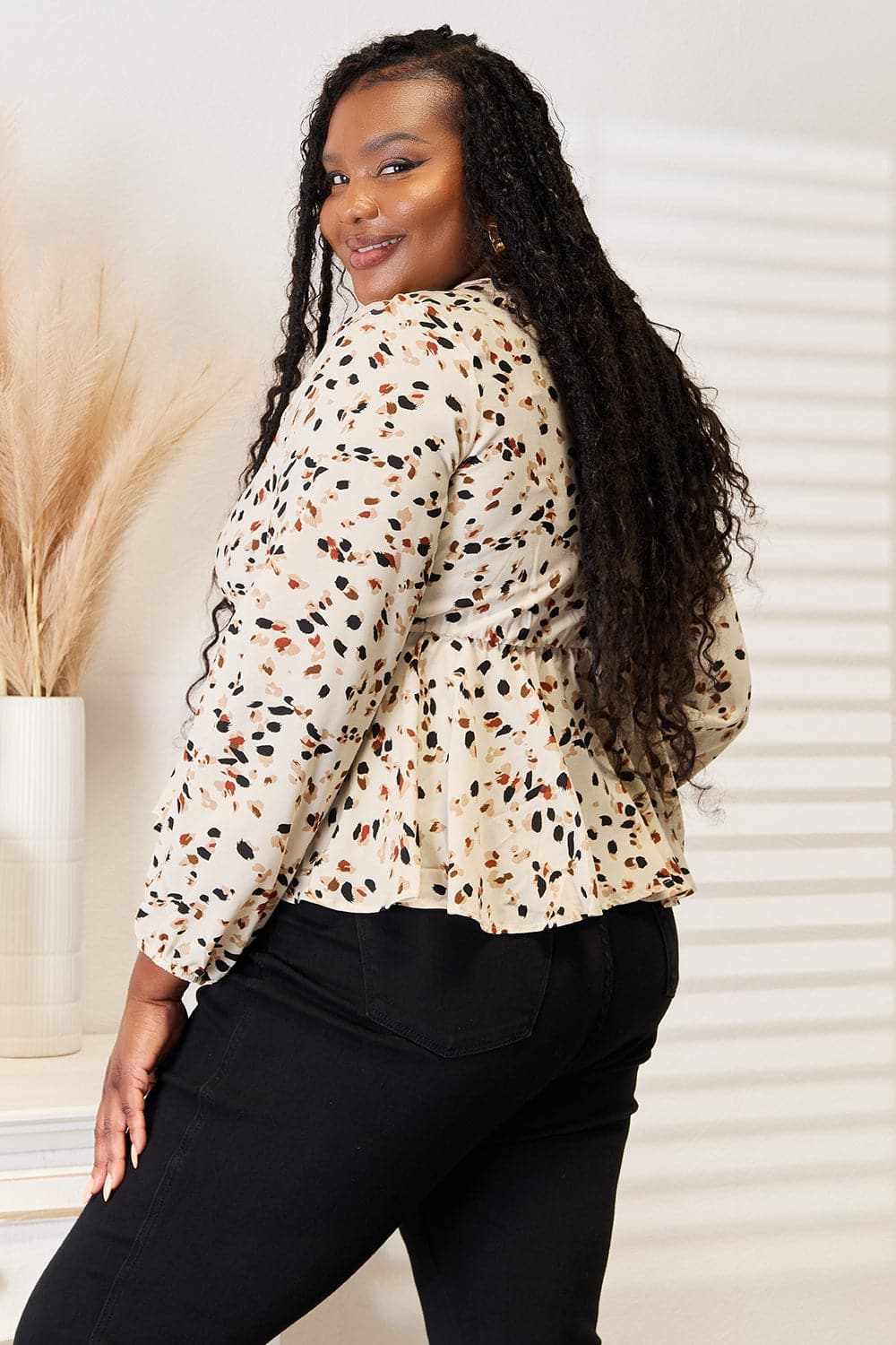T-Shirts Trendsi Vibrant plunge peplum top - tied detail - Premium Quality