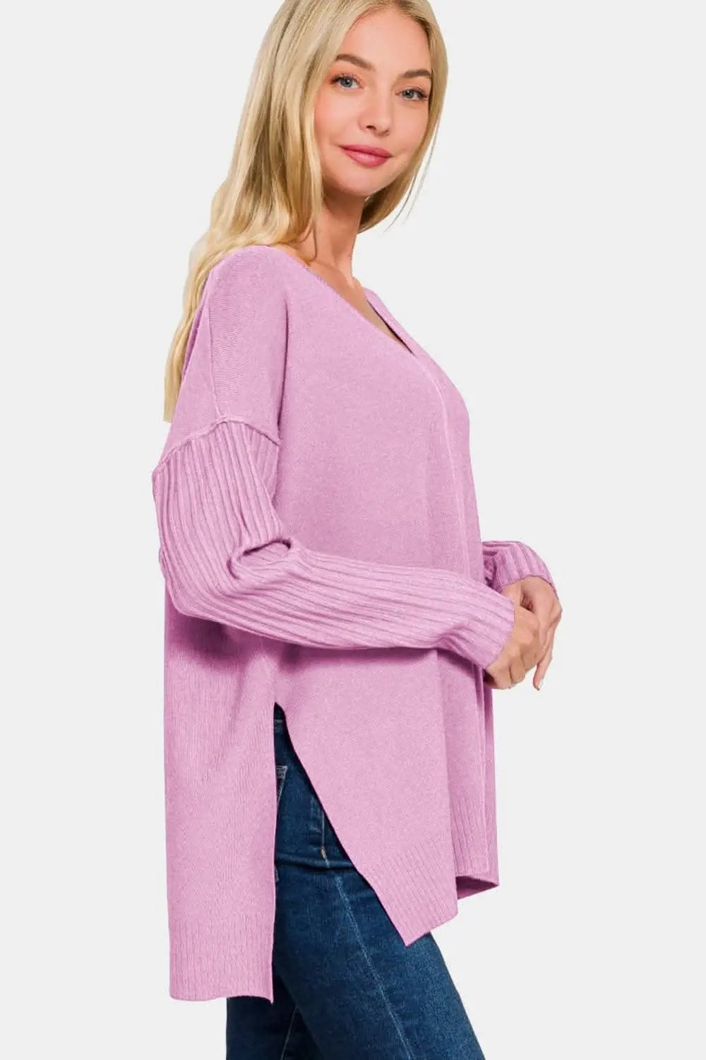 T-Shirts Trendsi Chic V-neck high-low sweater - Premium Quality