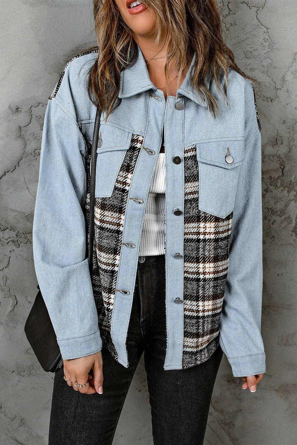 Trendsi Men's Denim Jacket with Plaid Pocket - Casual