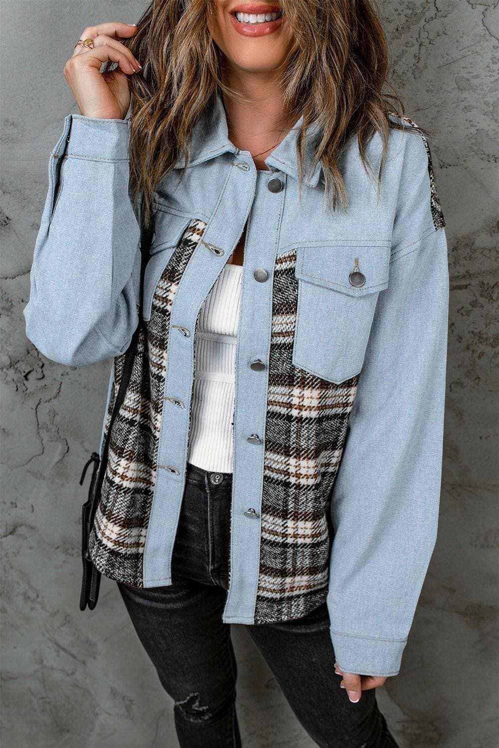 Trendsi Men's Denim Jacket with Plaid Pocket - Casual