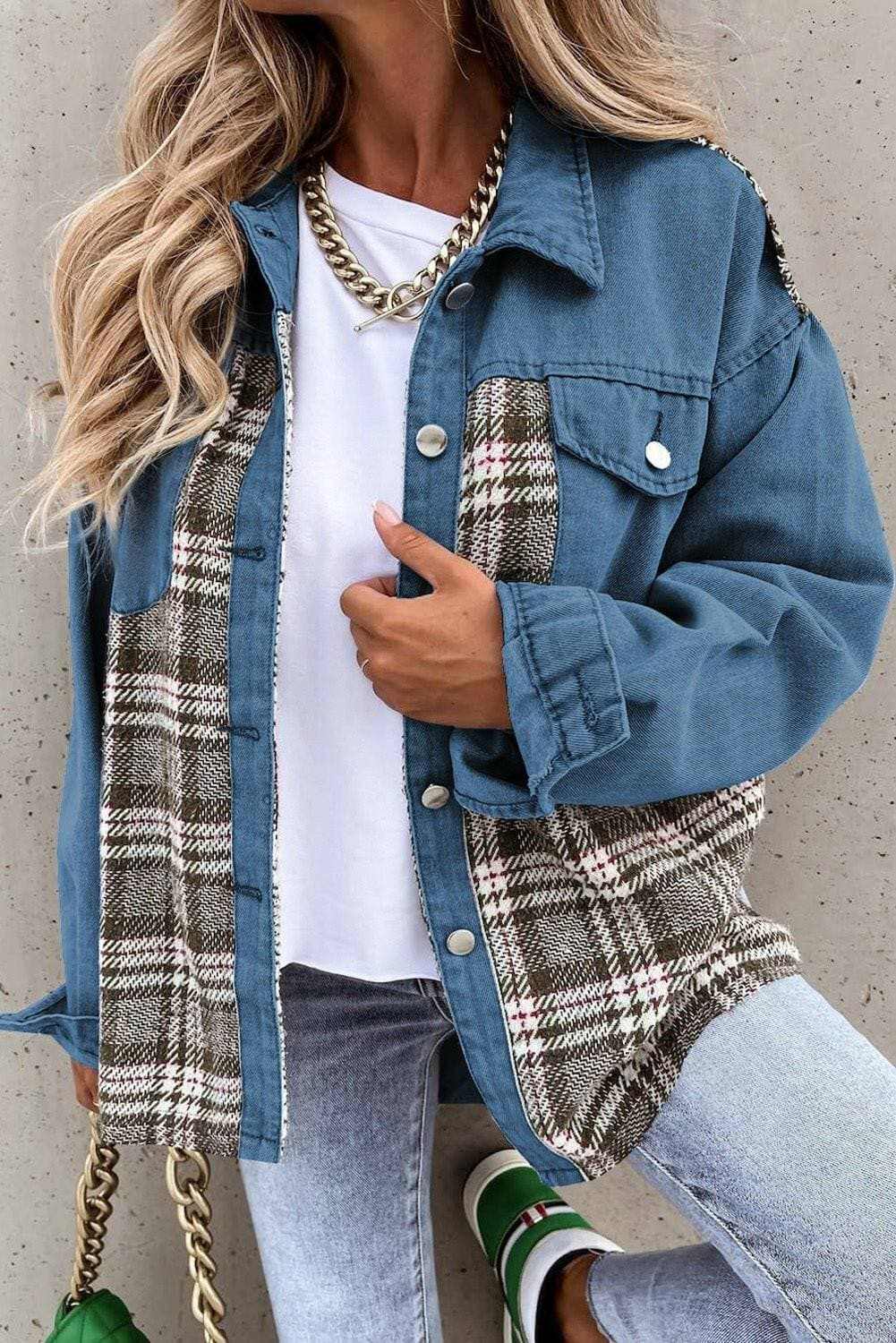 Trendsi Men's Denim Jacket with Plaid Pocket - Casual