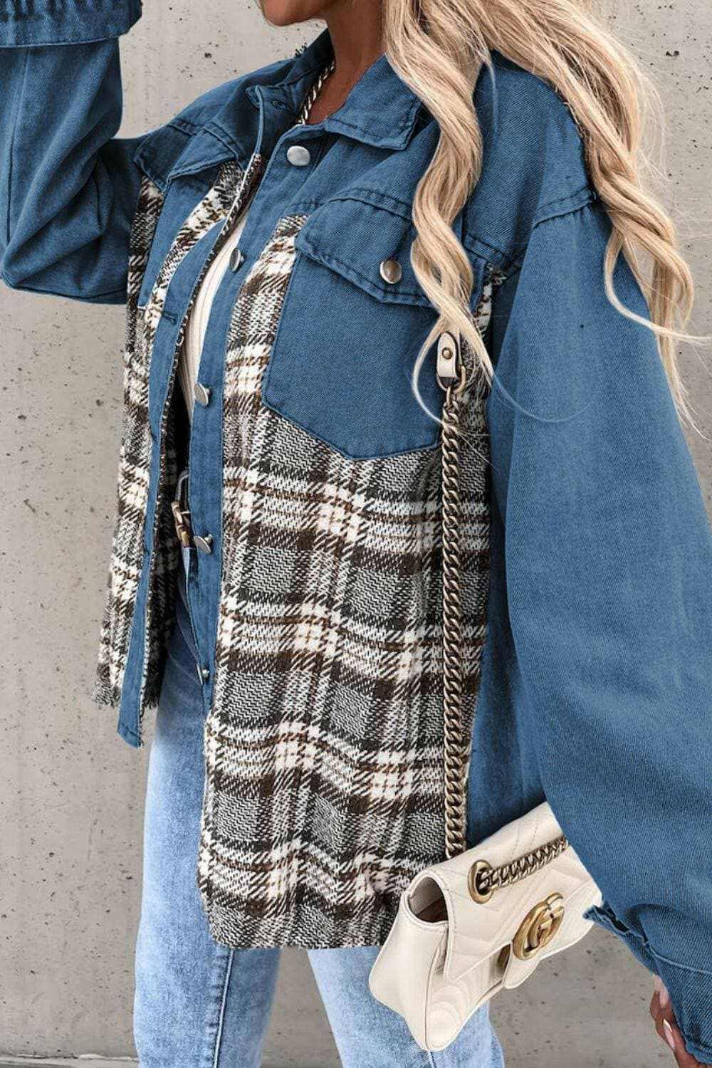 Trendsi Men's Denim Jacket with Plaid Pocket - Casual