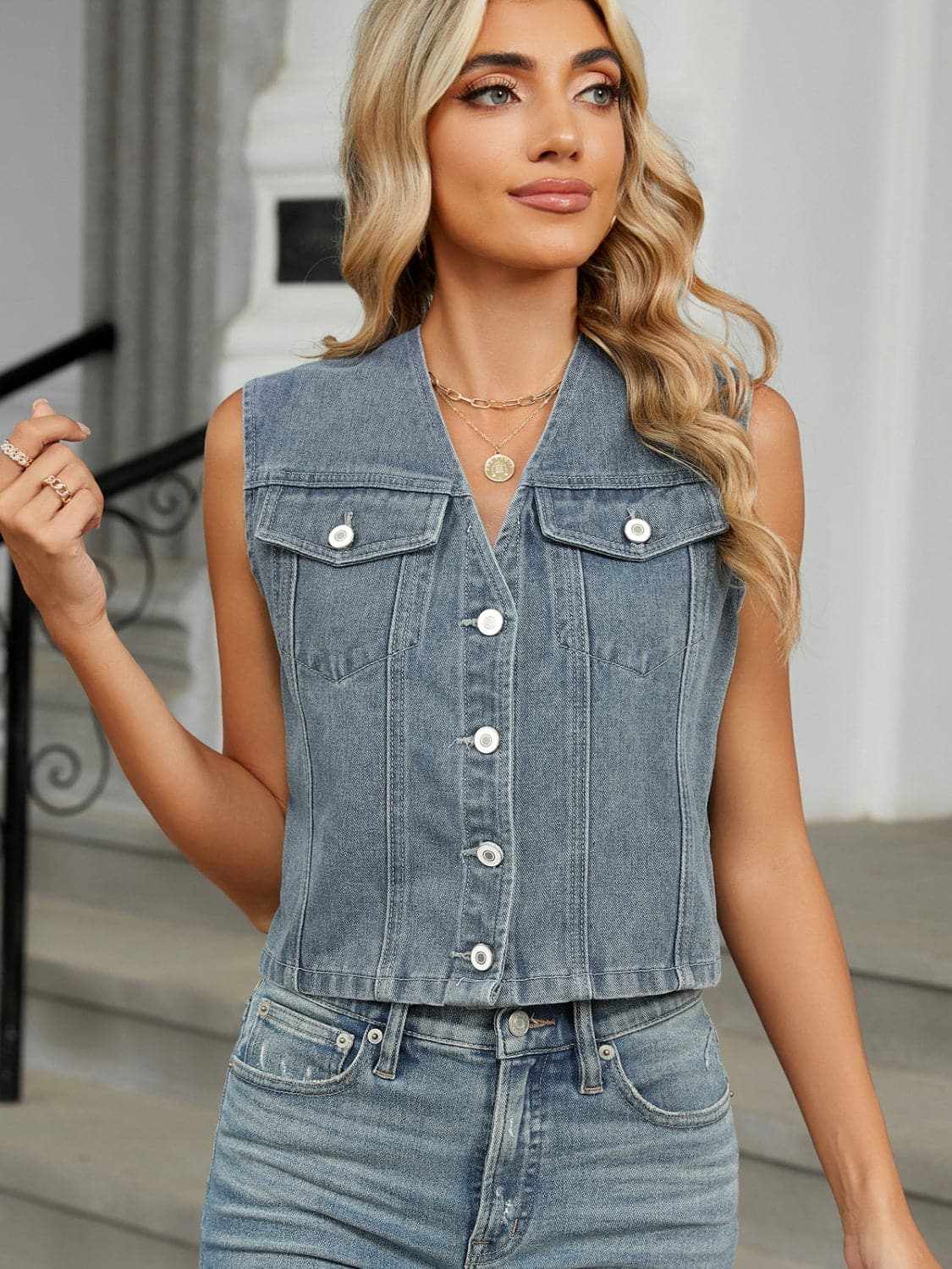 Jeans & Denim Trendsi V-neck denim vest with buttons