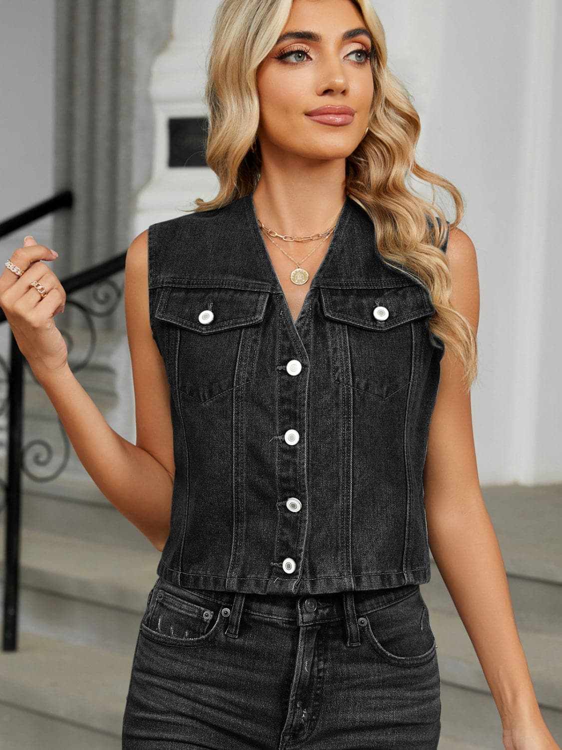 Jeans & Denim Trendsi V-neck denim vest with buttons