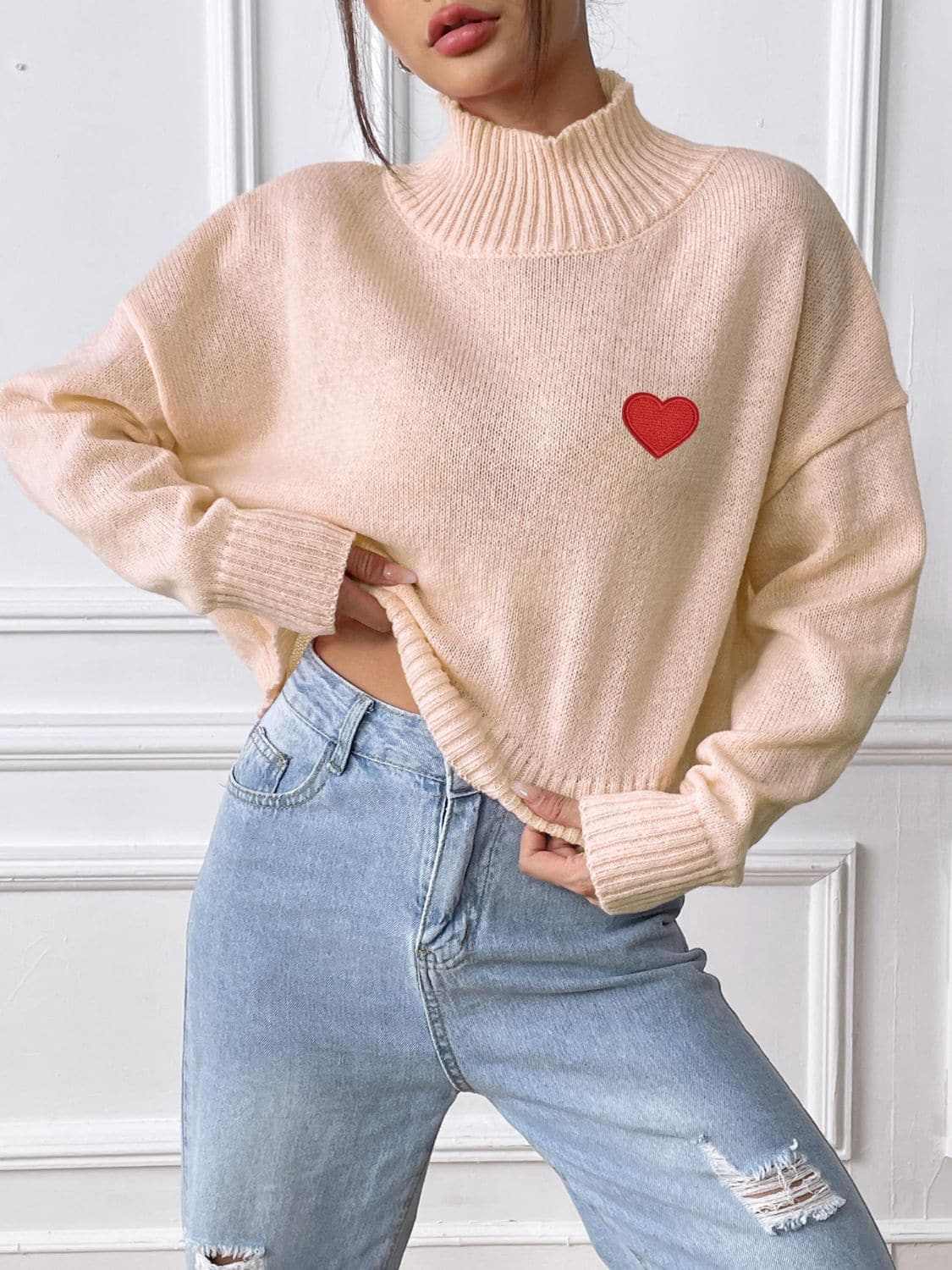 Trendsi Heart Turtleneck Sweater Women's Cozy Knit Top