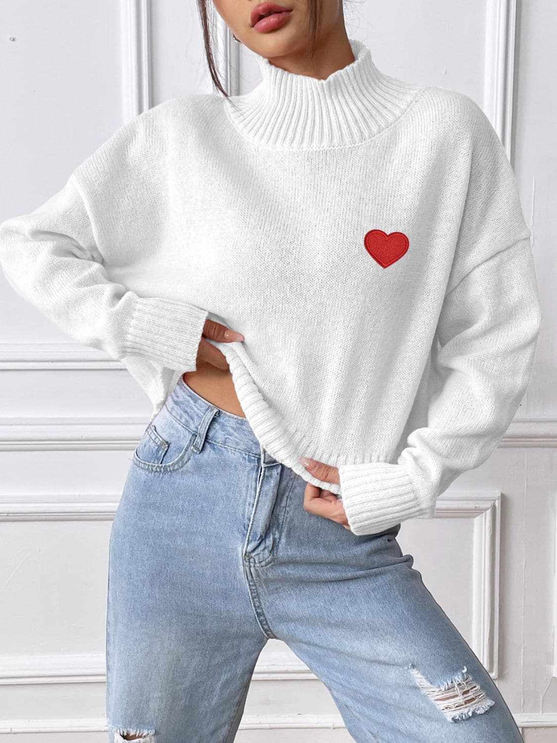 Trendsi Heart Turtleneck Sweater Women's Cozy Knit Top
