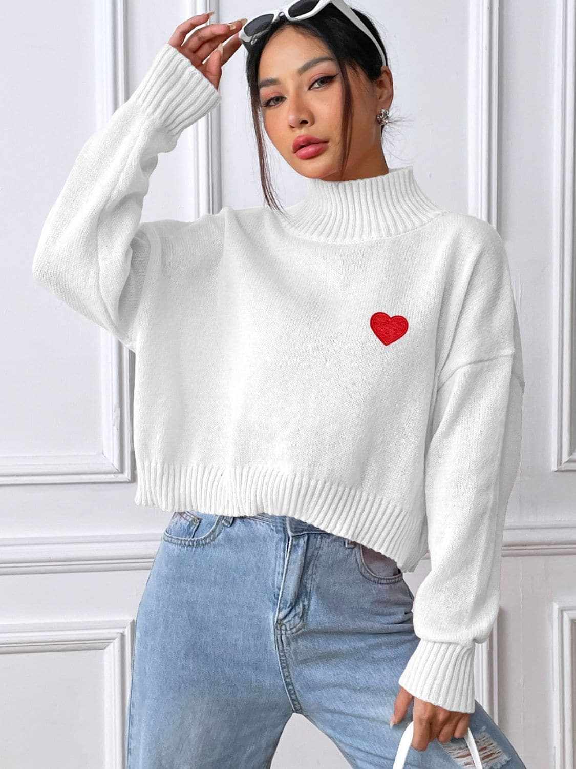 Trendsi Heart Turtleneck Sweater Women's Cozy Knit Top