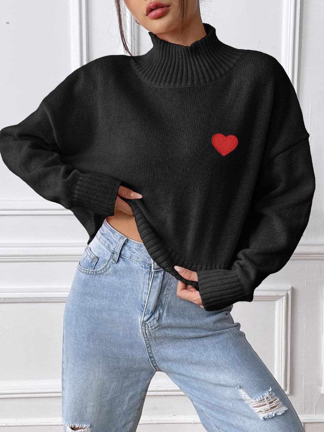 Trendsi Heart Turtleneck Sweater Women's Cozy Knit Top