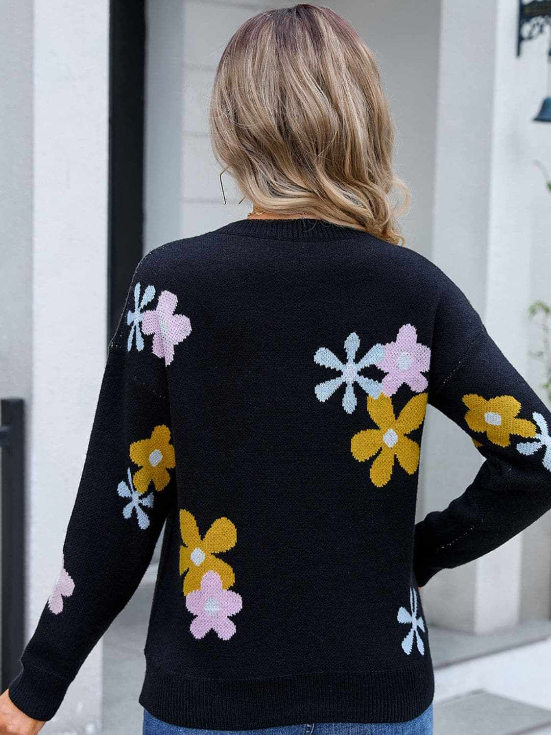 Floral Print Knit Sweater by Trendsi | Round Neck