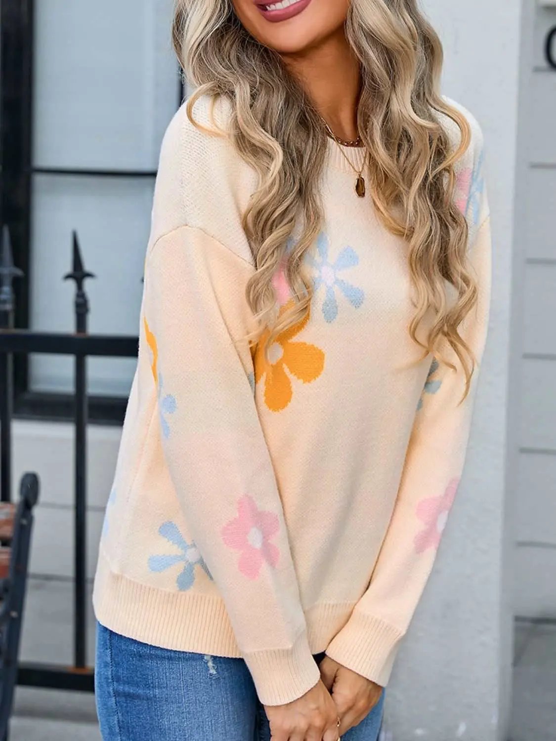 Floral Print Knit Sweater by Trendsi | Round Neck