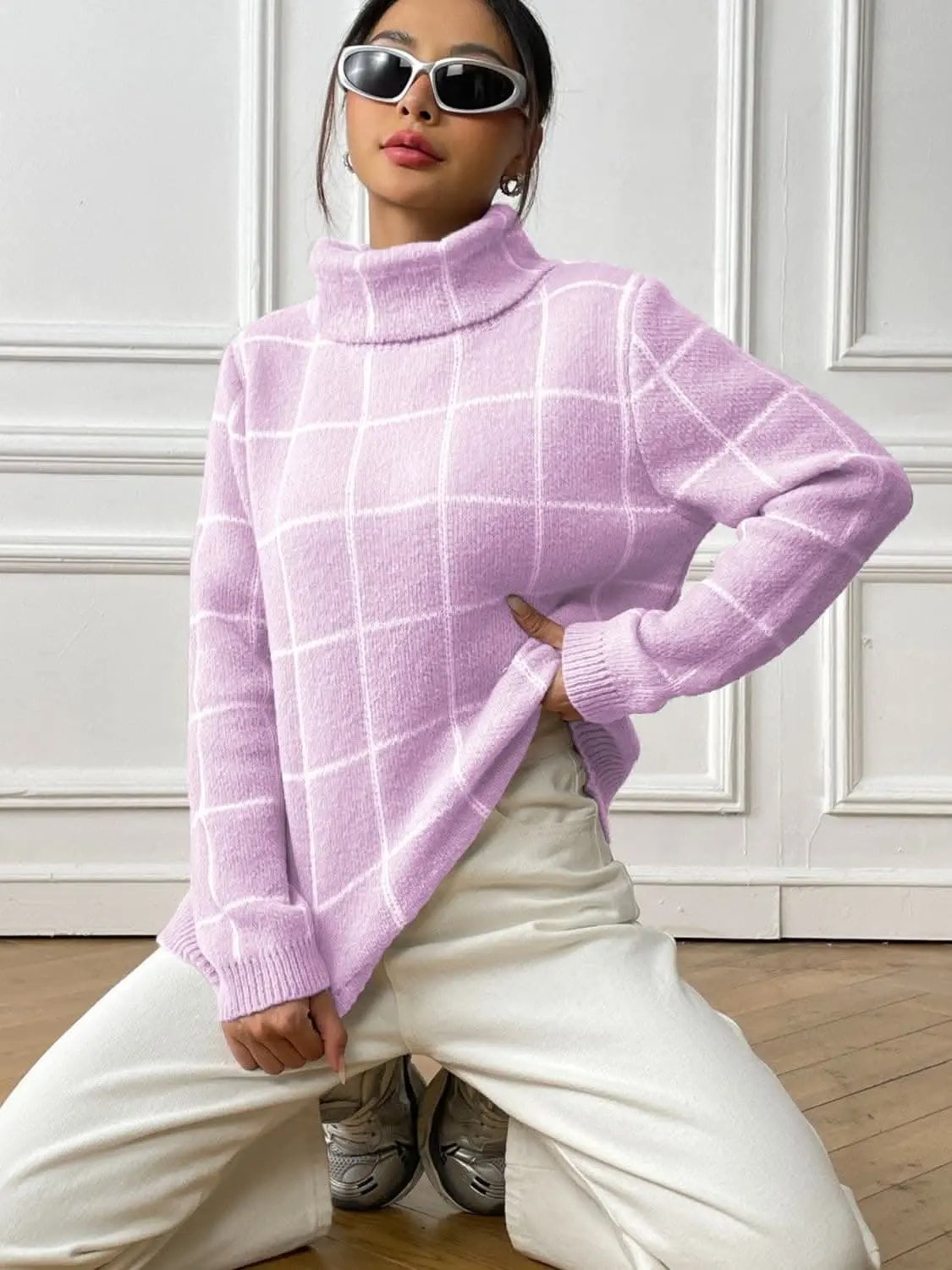 Sweaters Trendsi Cozy plaid turtleneck sweater