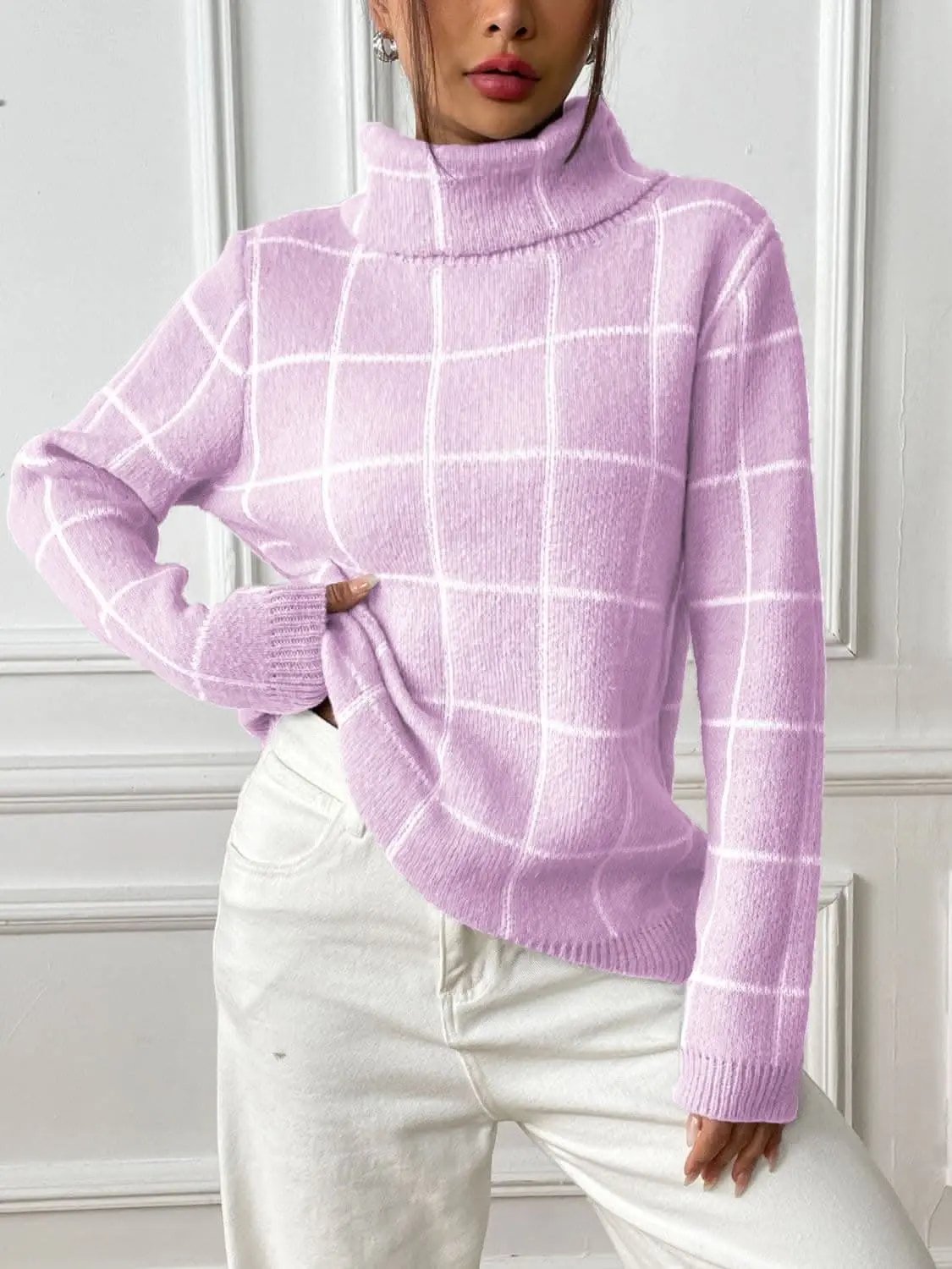 Sweaters Trendsi Cozy plaid turtleneck sweater