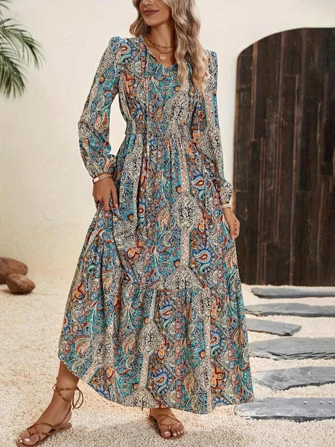 Women's Maxi Dress Maxi Dress - Floral Tie-Neck - Elegant Style