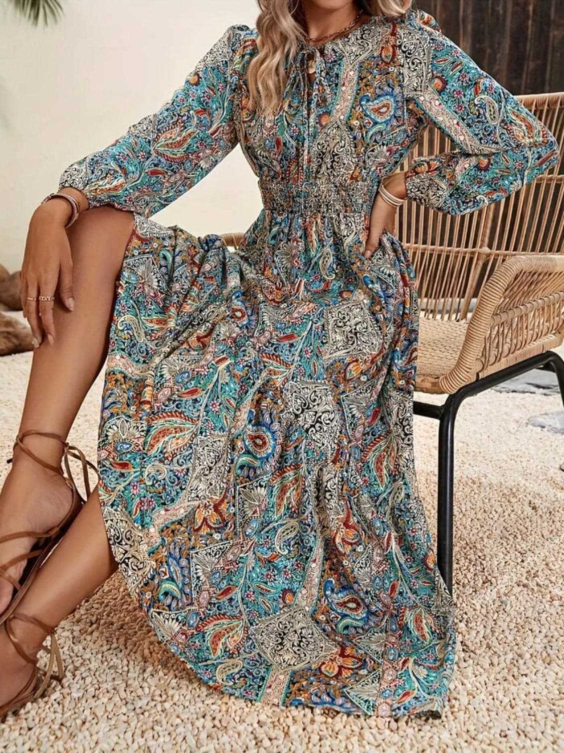 Women's Maxi Dress Maxi Dress - Floral Tie-Neck - Elegant Style