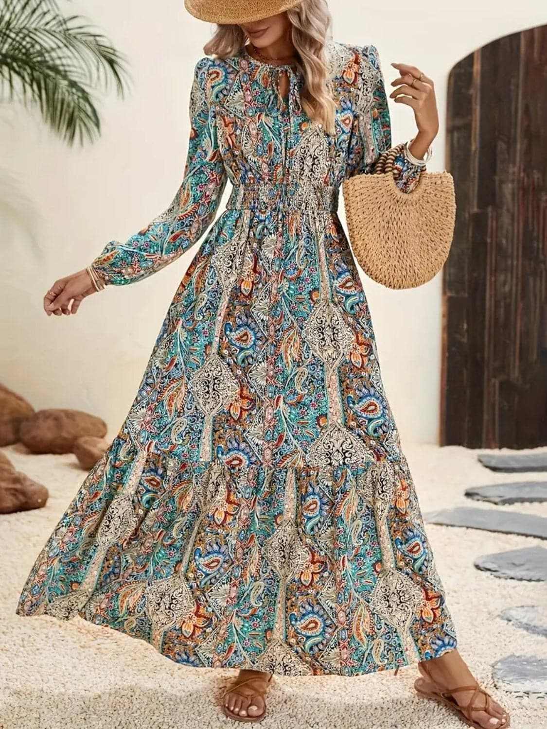 Women's Maxi Dress Maxi Dress - Floral Tie-Neck - Elegant Style