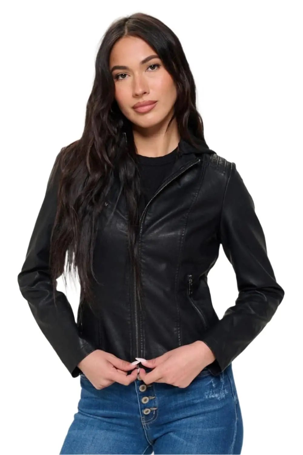 Jackets Trendsi Vegan leather hooded jacket by Coalition LA