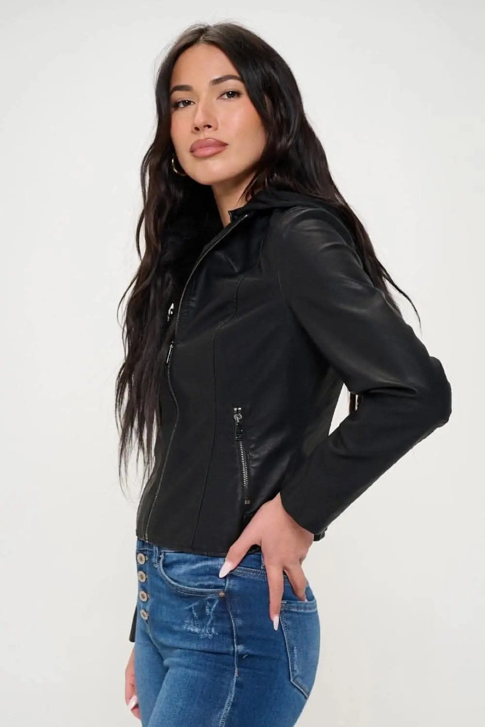 Jackets Trendsi Vegan leather hooded jacket by Coalition LA