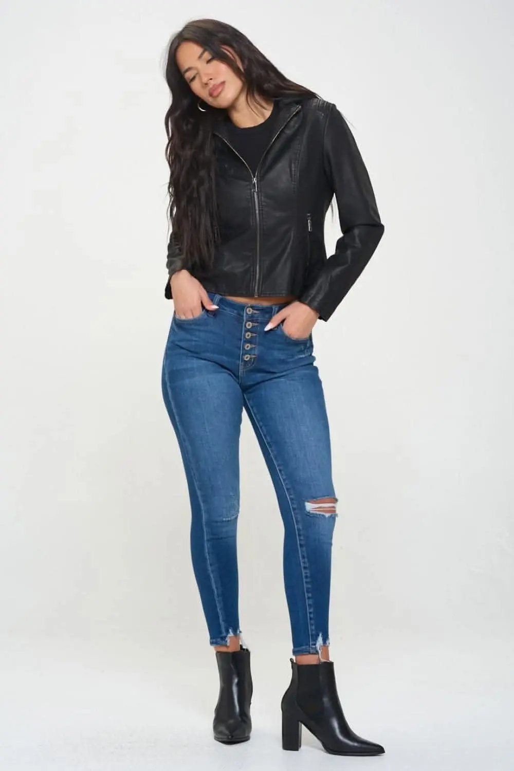 Jackets Trendsi Vegan leather hooded jacket by Coalition LA