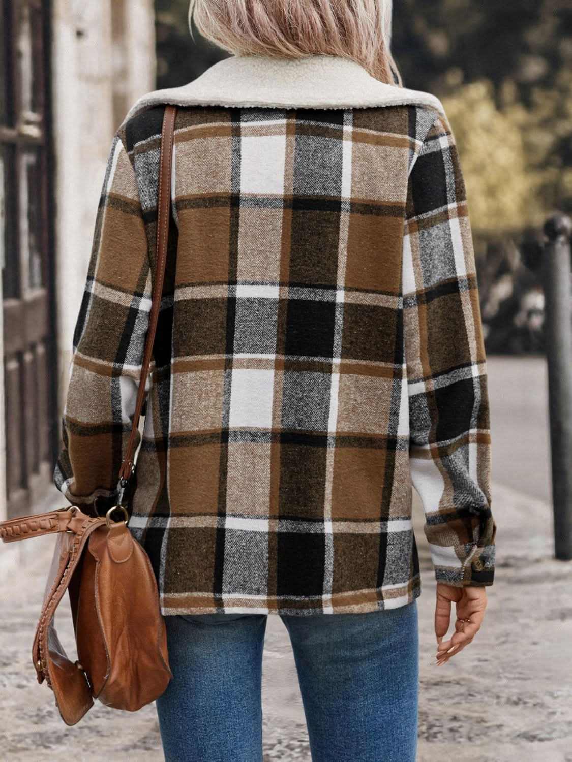 Shirts Trendsi Plaid Jacket Women's Everyday Button-Up Cotton Blend Jacket with Pockets