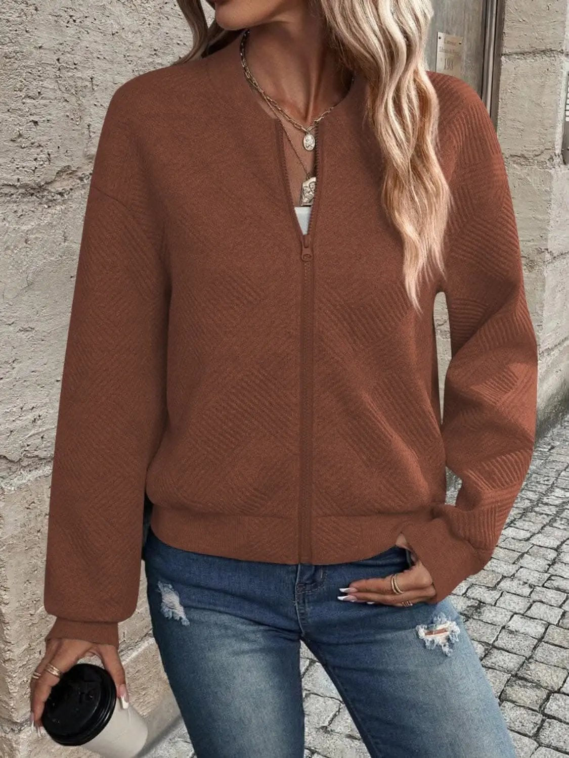 Jackets Trendsi Chic zip-up jacket - long sleeve, 100% polyester