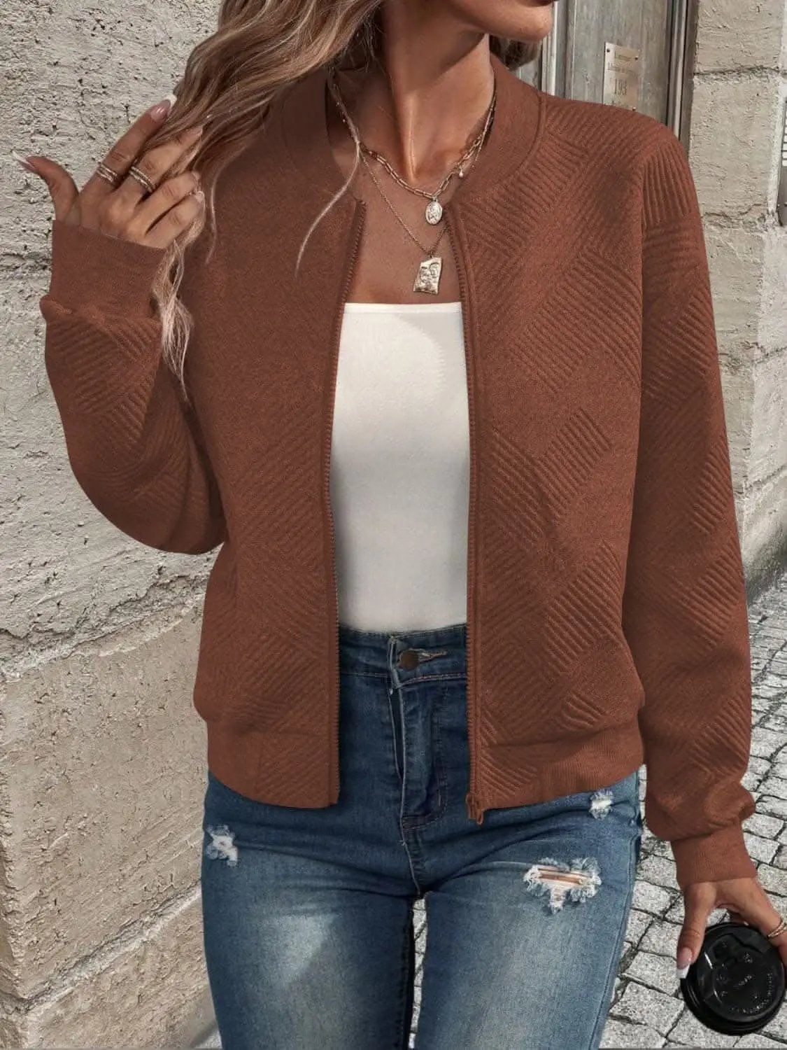 Jackets Trendsi Chic zip-up jacket - long sleeve, 100% polyester