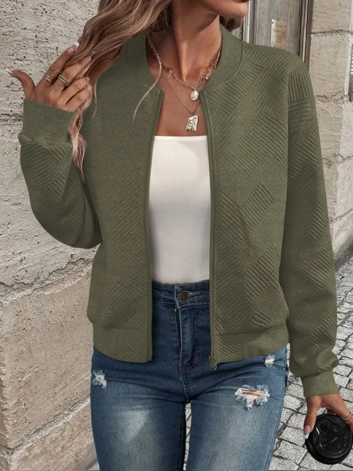 Jackets Trendsi Chic zip-up jacket - long sleeve, 100% polyester