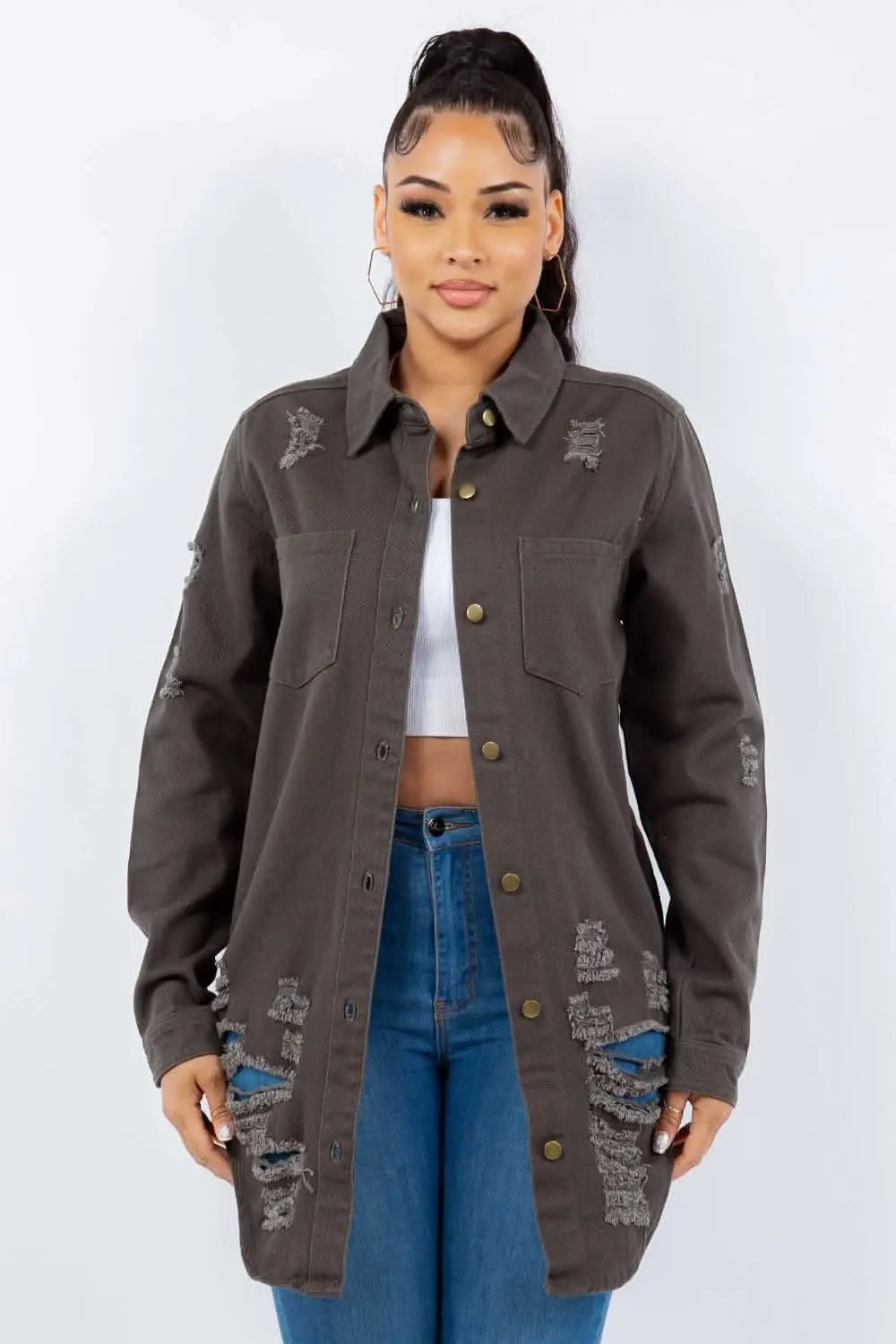Trendsi Distressed Denim Jacket Classic Fit — Casual Outerwear
