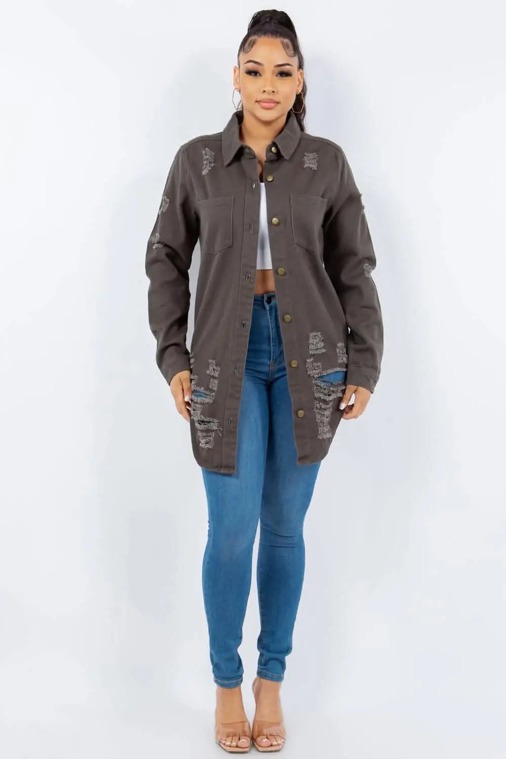 Trendsi Distressed Denim Jacket Classic Fit — Casual Outerwear
