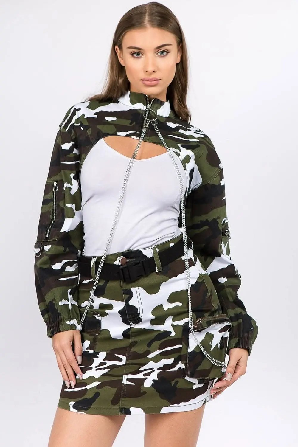 Jackets Trendsi Edgy camo cropped jacket with chains