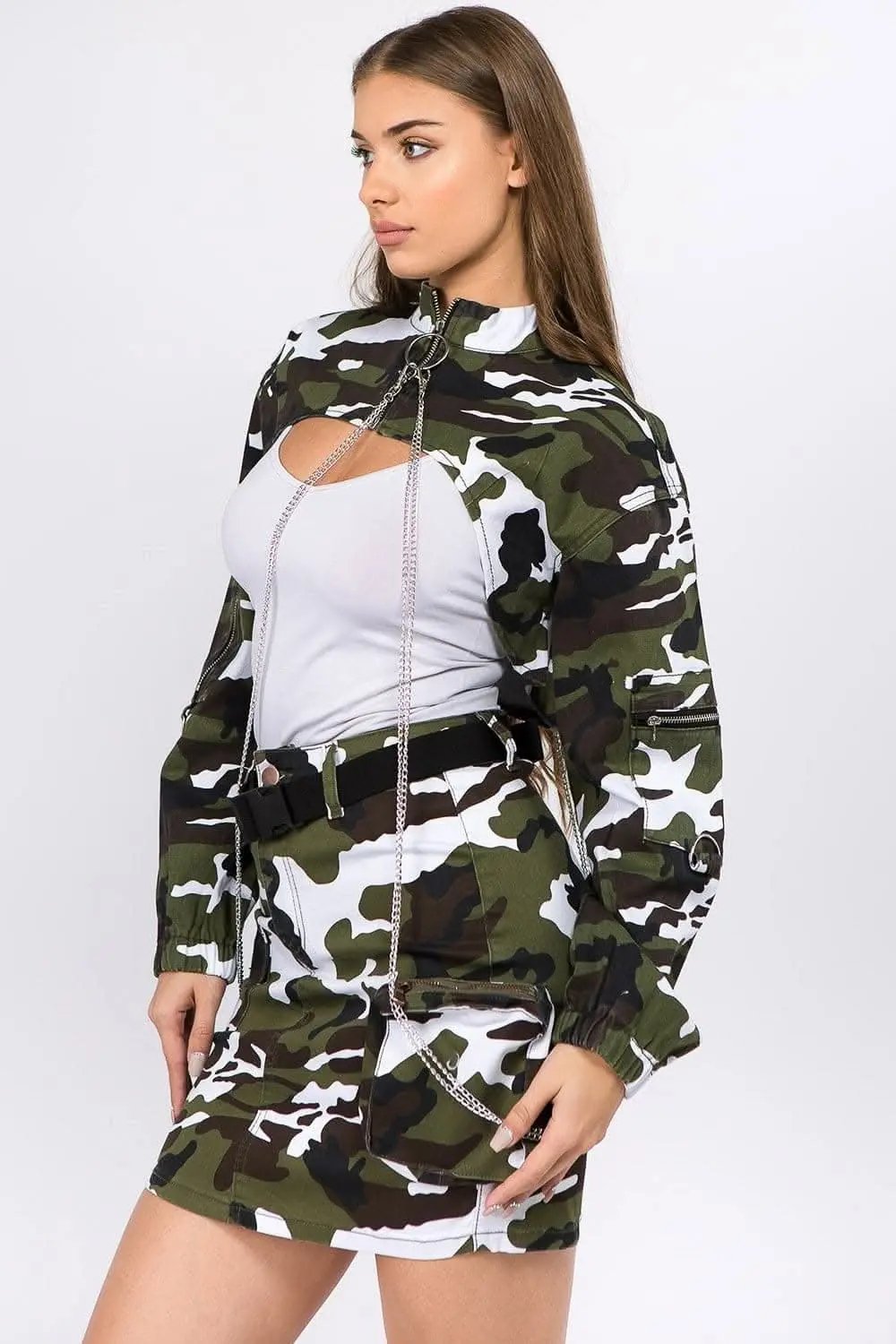 Jackets Trendsi Edgy camo cropped jacket with chains