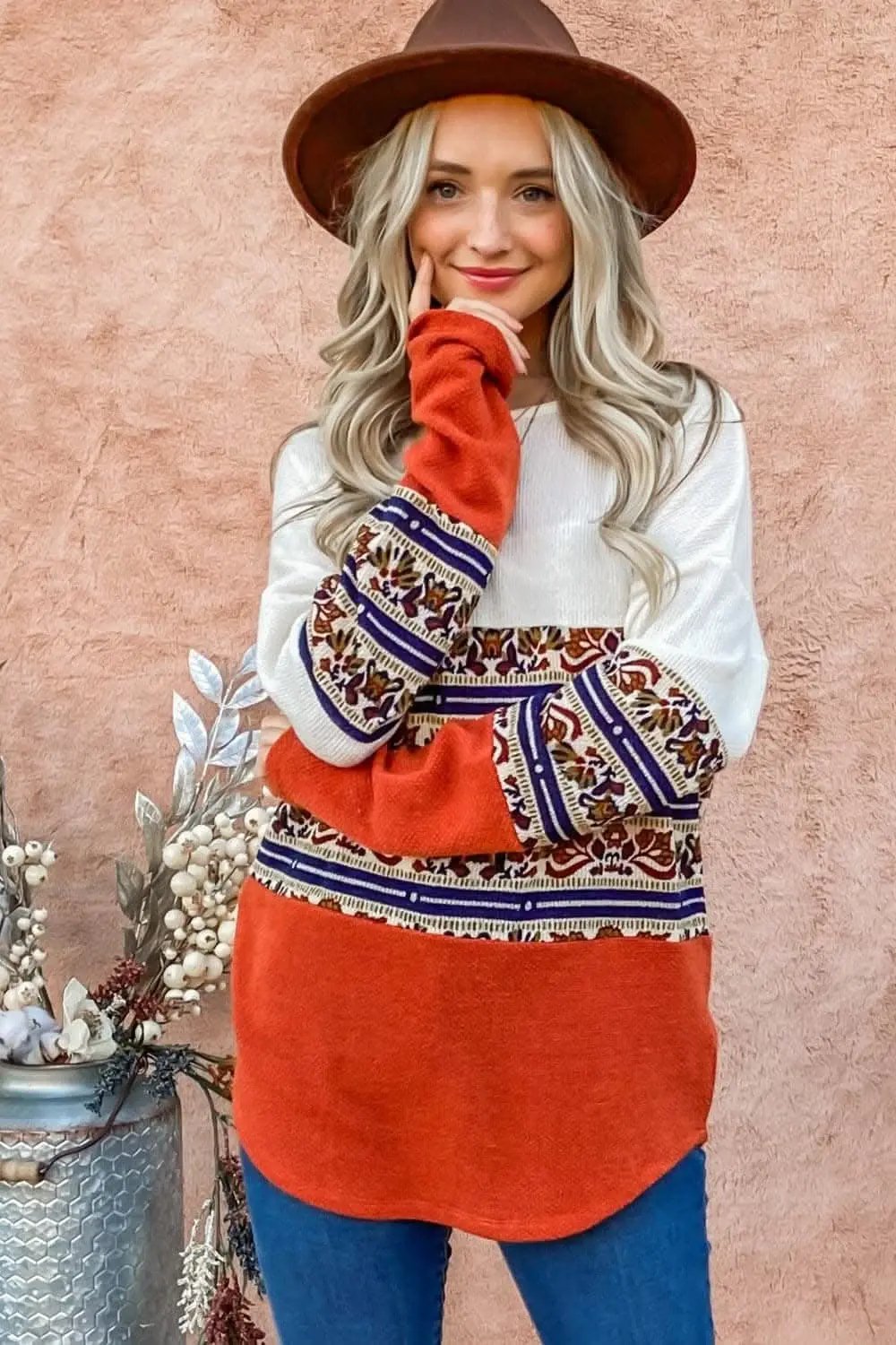 T-Shirts Trendsi Ethnic print color block top - Premium Quality