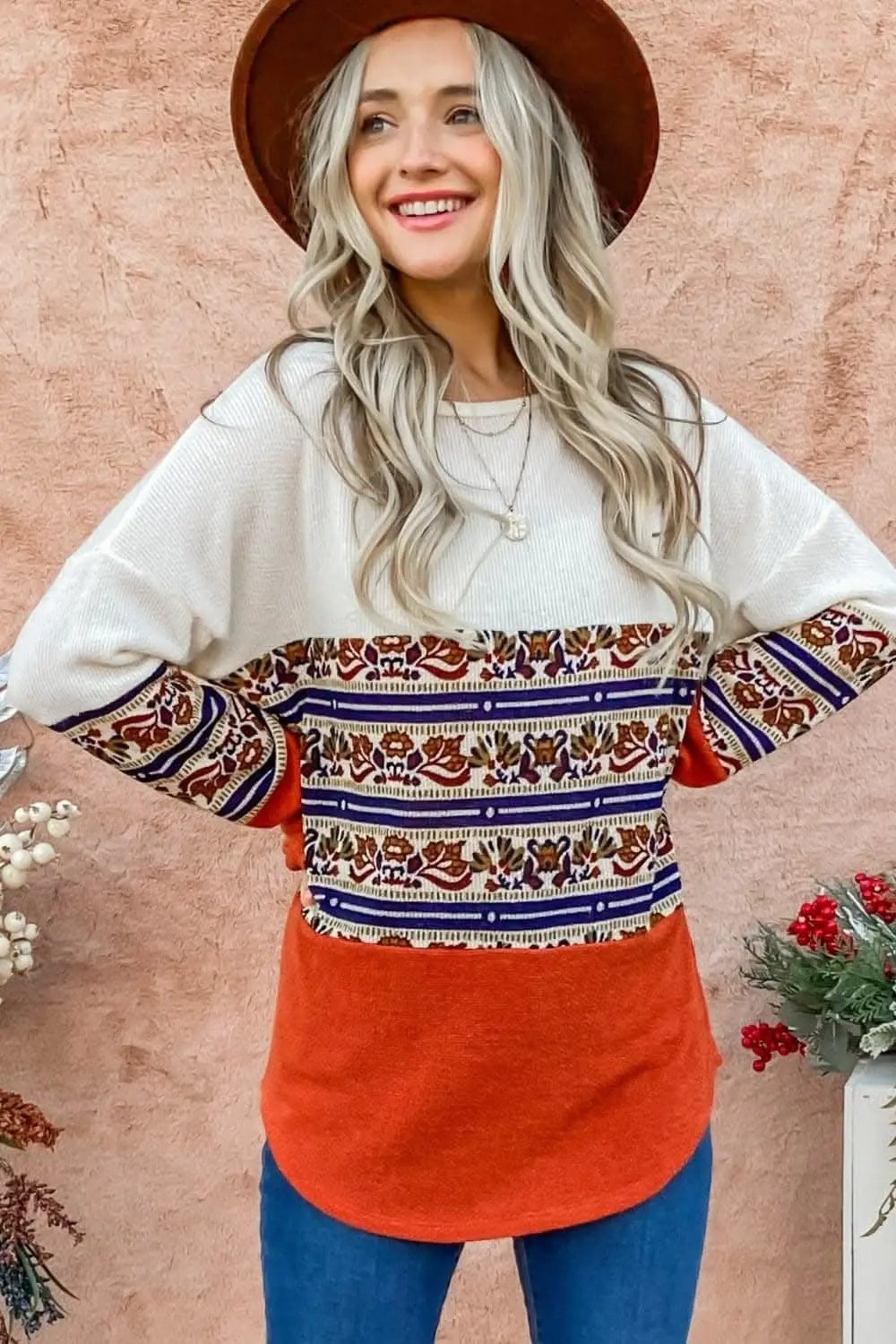 T-Shirts Trendsi Ethnic print color block top - Premium Quality
