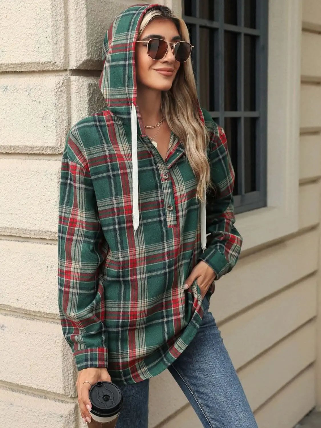 Shirts Trendsi Plaid Hooded Long Sleeve Shirt