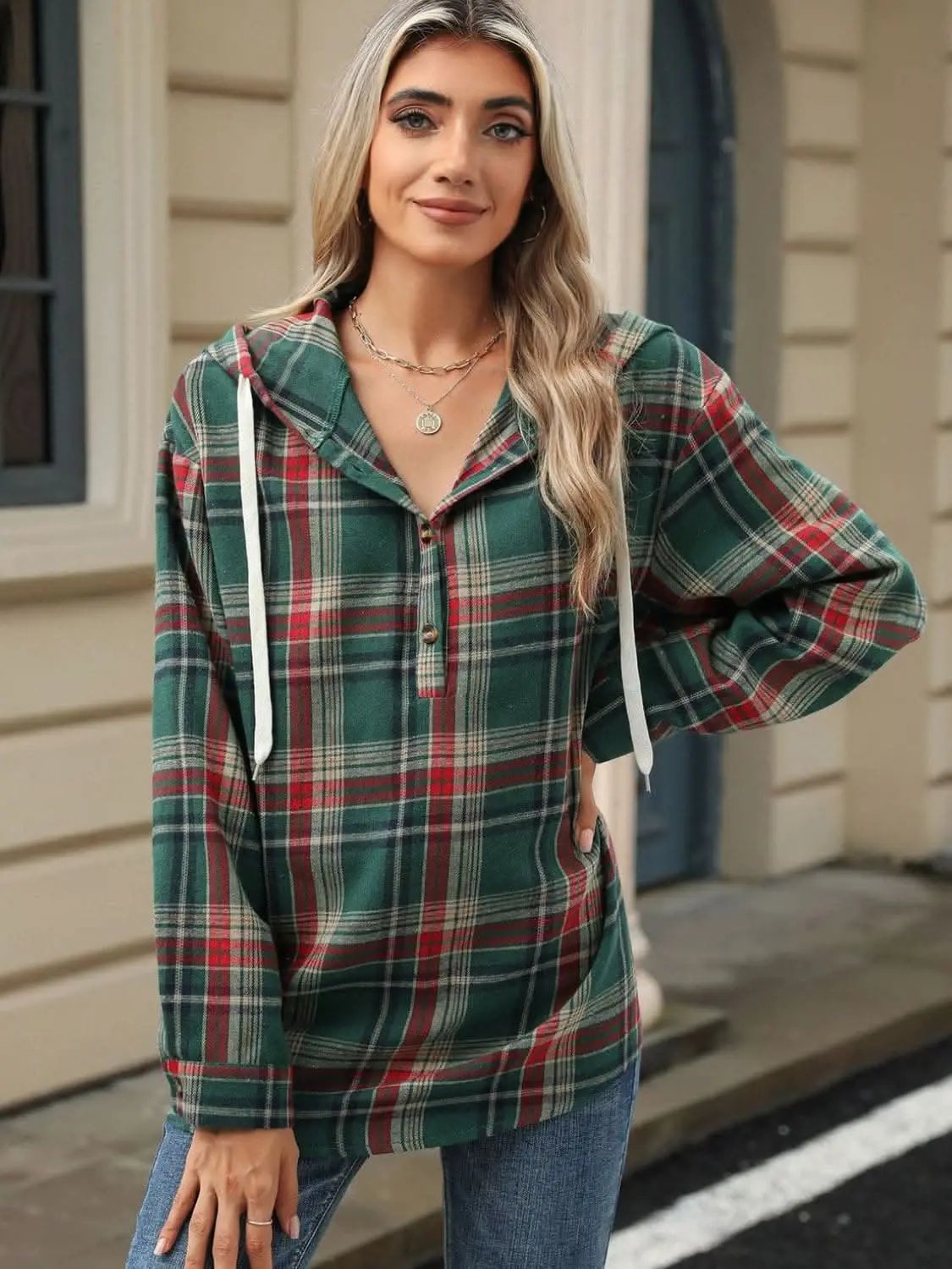 Shirts Trendsi Plaid Hooded Long Sleeve Shirt