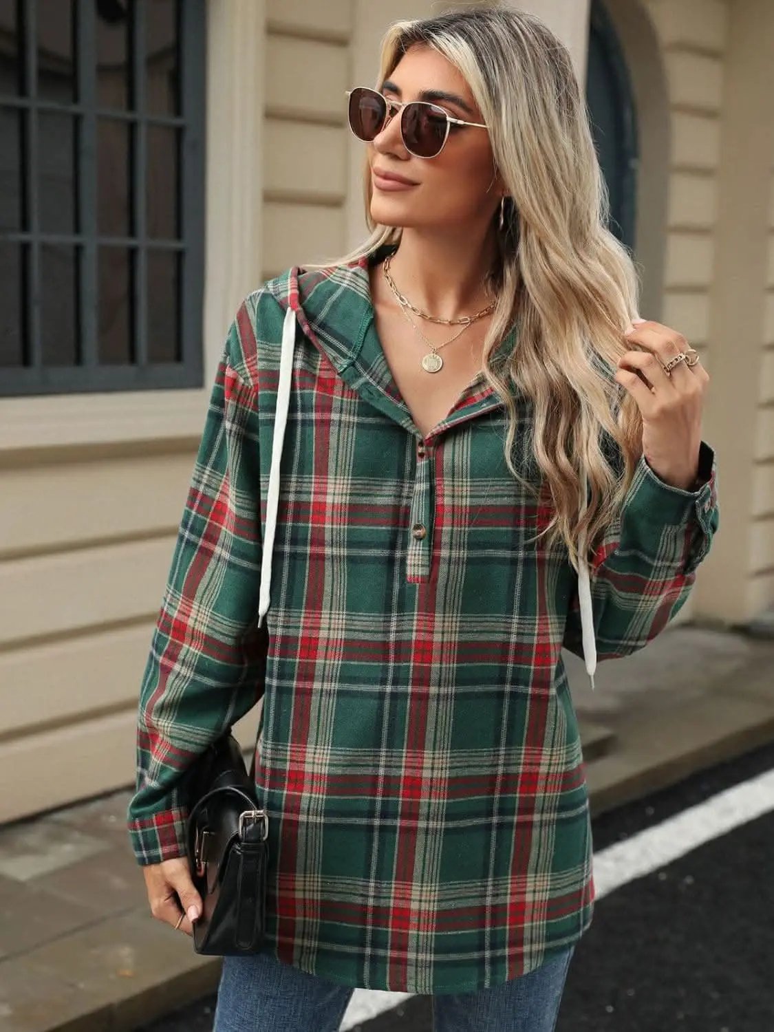 Shirts Trendsi Plaid Hooded Long Sleeve Shirt