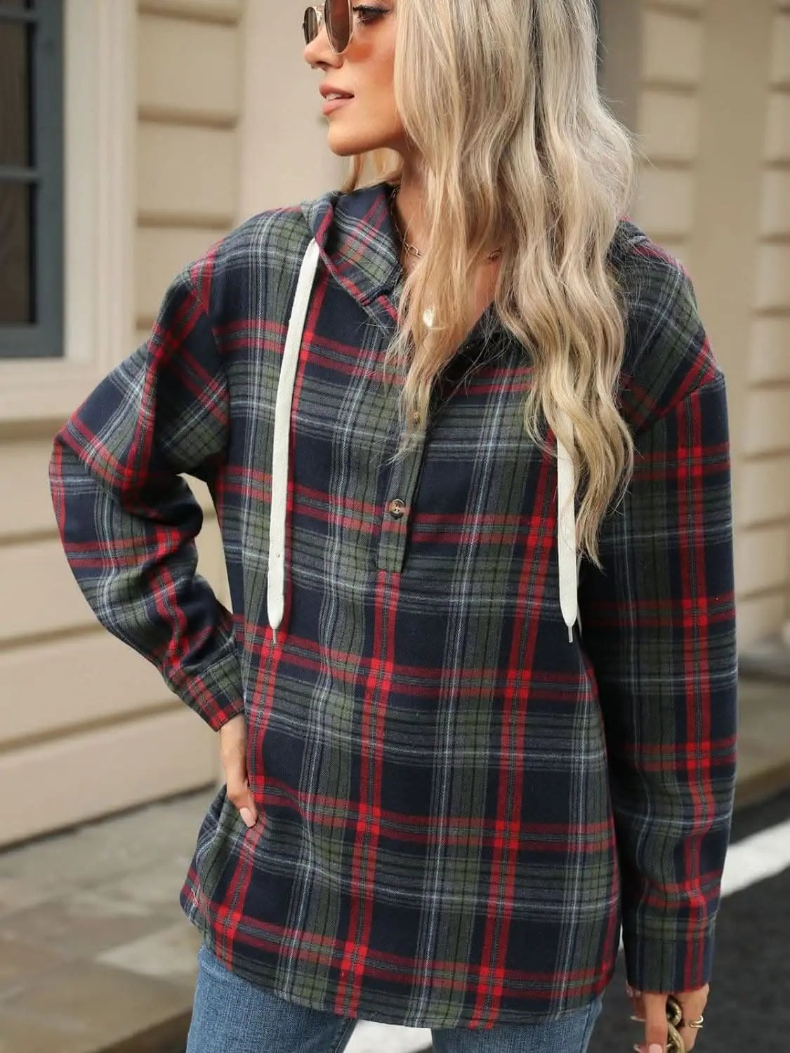 Shirts Trendsi Plaid Hooded Long Sleeve Shirt