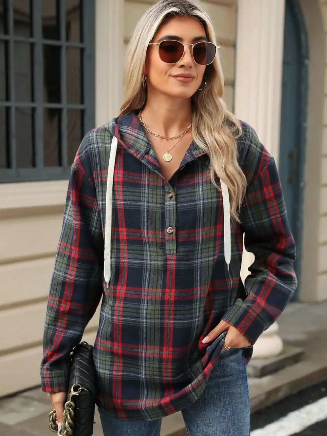 Shirts Trendsi Plaid Hooded Long Sleeve Shirt