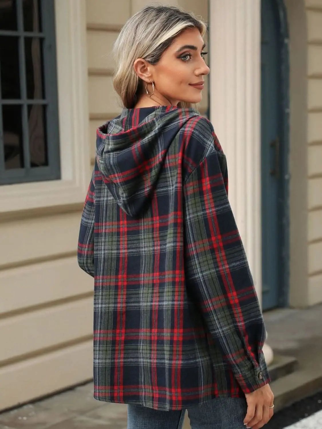 Shirts Trendsi Plaid Hooded Long Sleeve Shirt