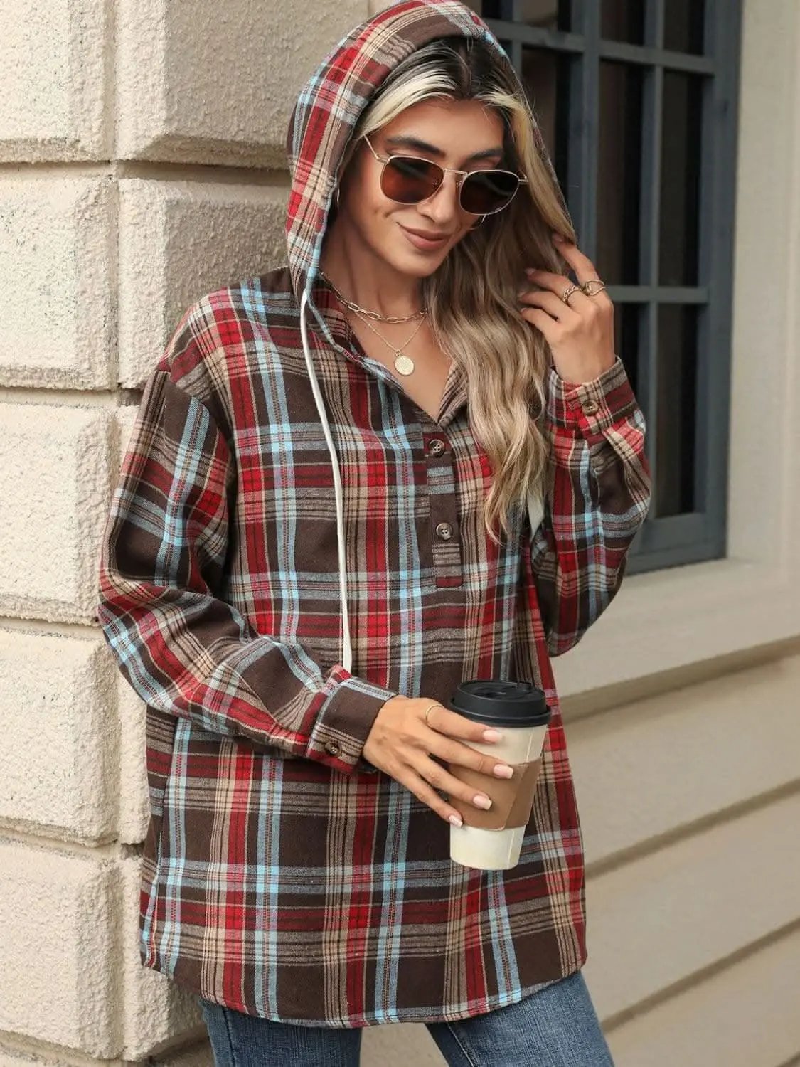 Shirts Trendsi Plaid Hooded Long Sleeve Shirt