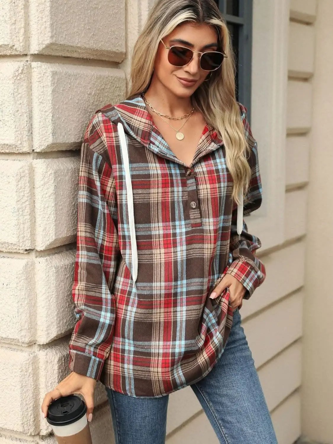 Shirts Trendsi Plaid Hooded Long Sleeve Shirt
