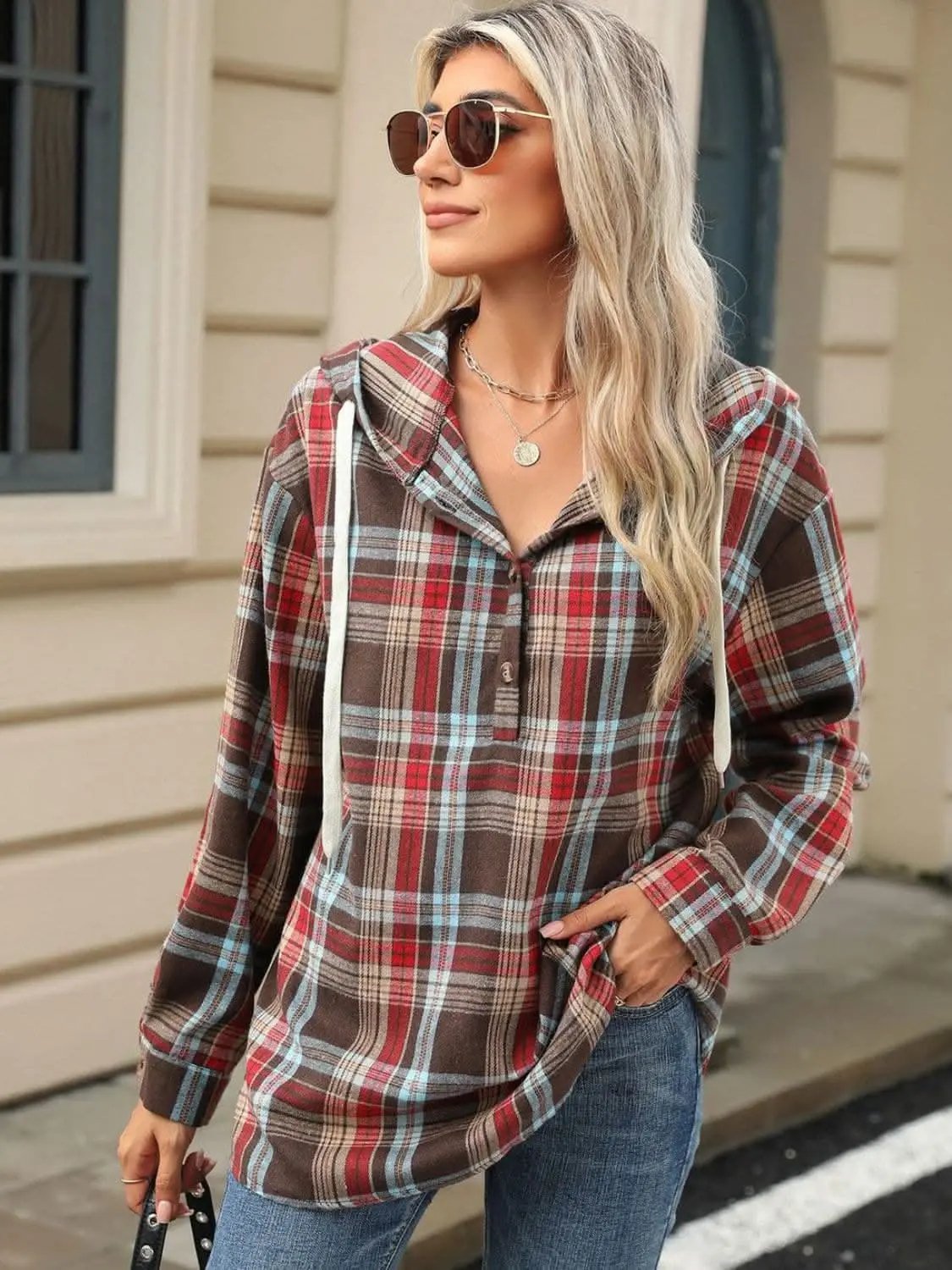 Shirts Trendsi Plaid Hooded Long Sleeve Shirt
