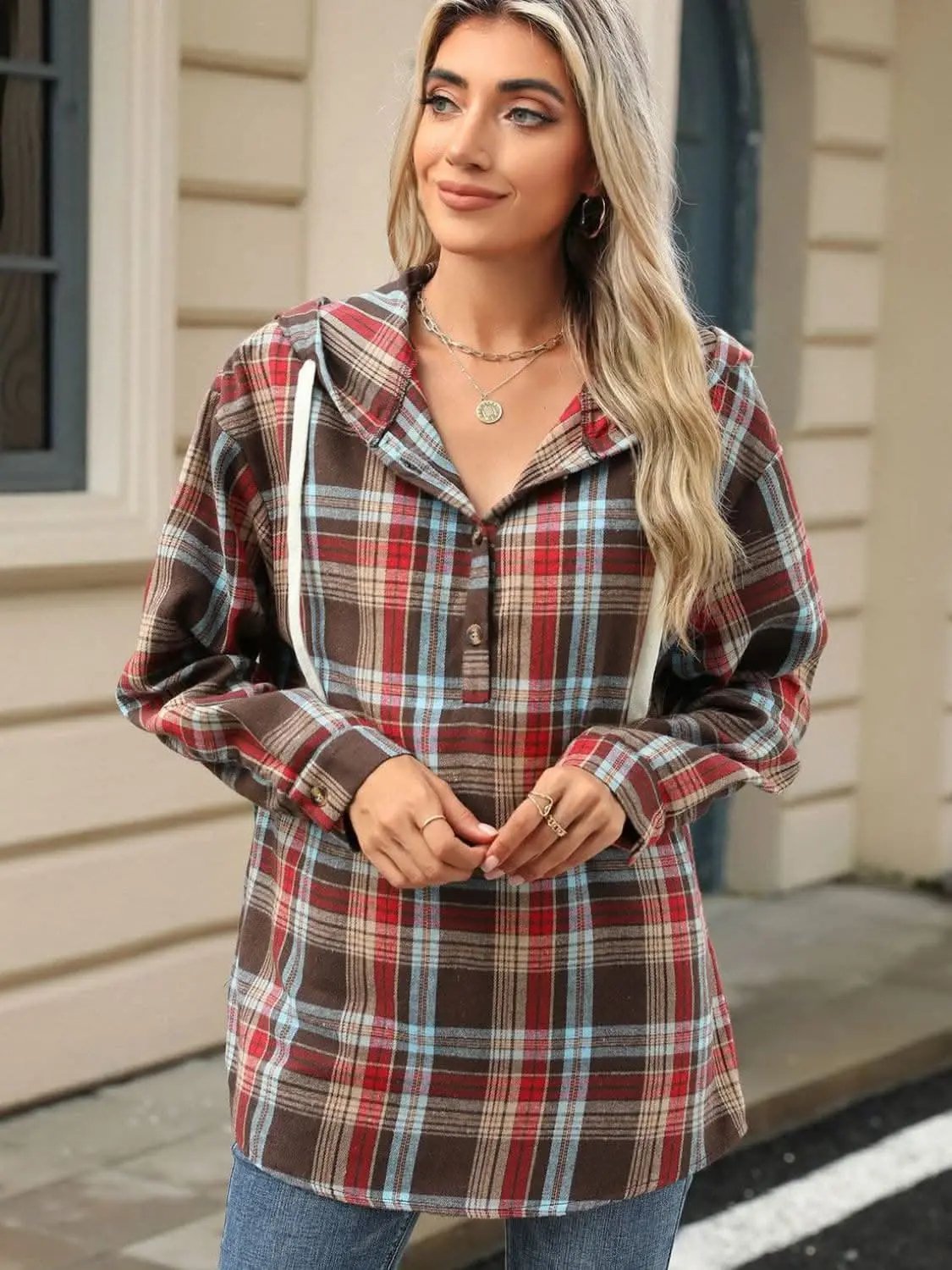 Shirts Trendsi Plaid Hooded Long Sleeve Shirt