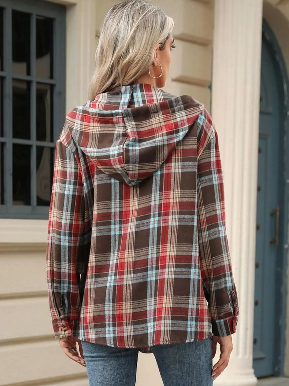 Shirts Trendsi Plaid Hooded Long Sleeve Shirt