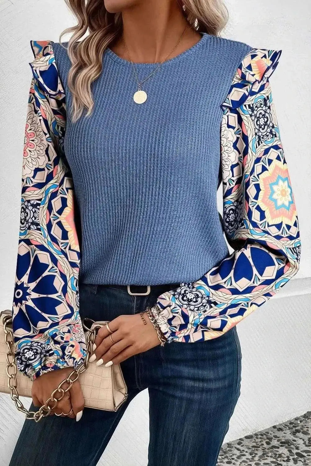 Ruffled Long Sleeve Blouse | Trendsi Dusty Blue