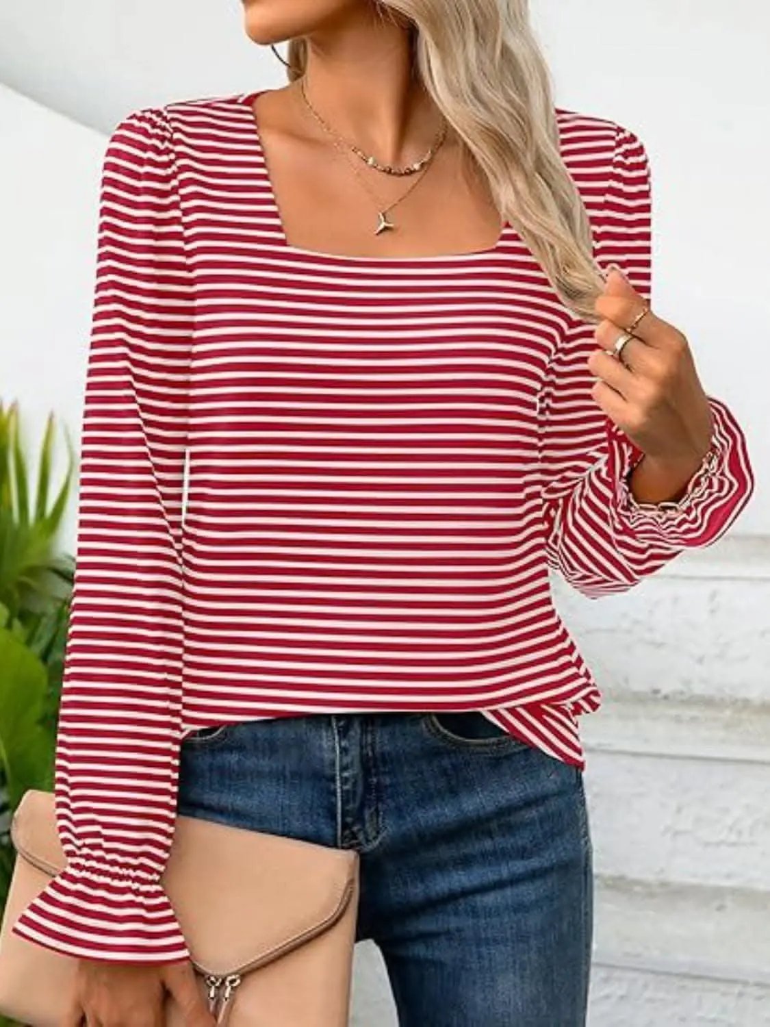 Women's Top Top - Striped Flounce Sleeve - Chic Style