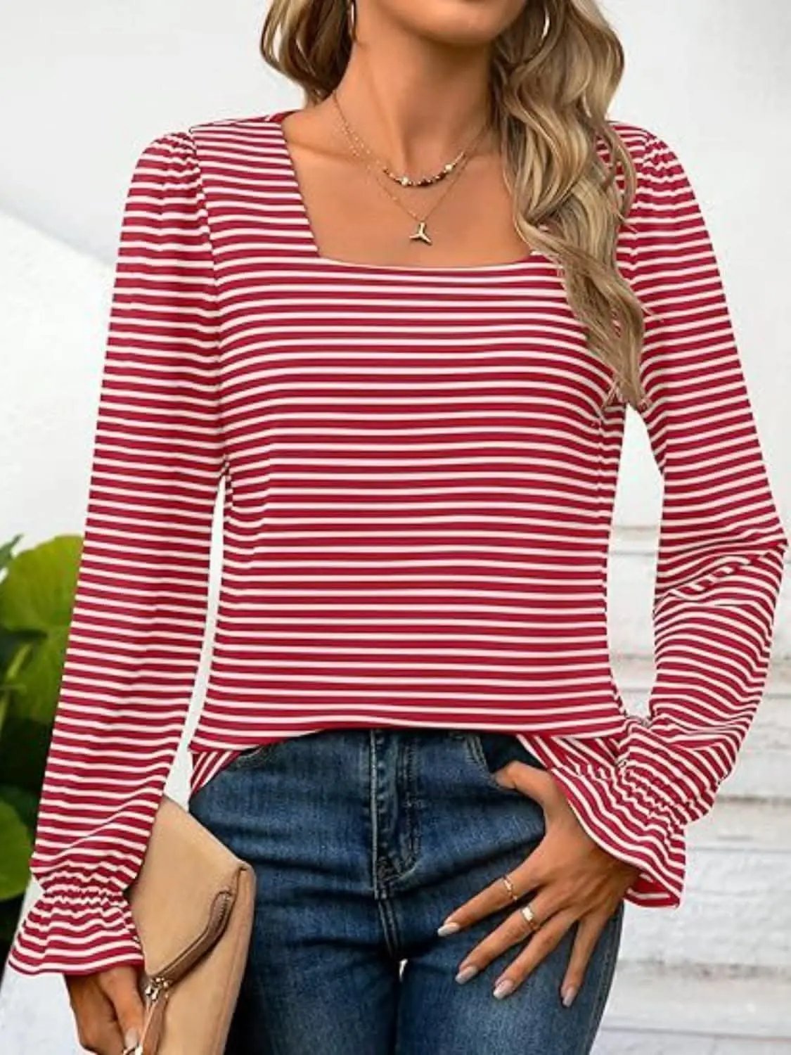 Women's Top Top - Striped Flounce Sleeve - Chic Style