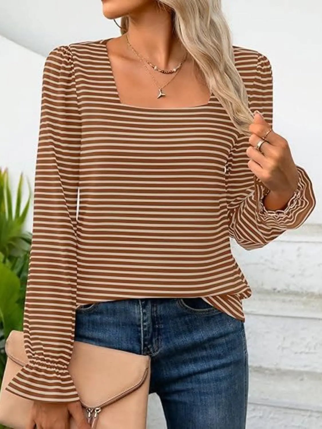 Women's Top Top - Striped Flounce Sleeve - Chic Style