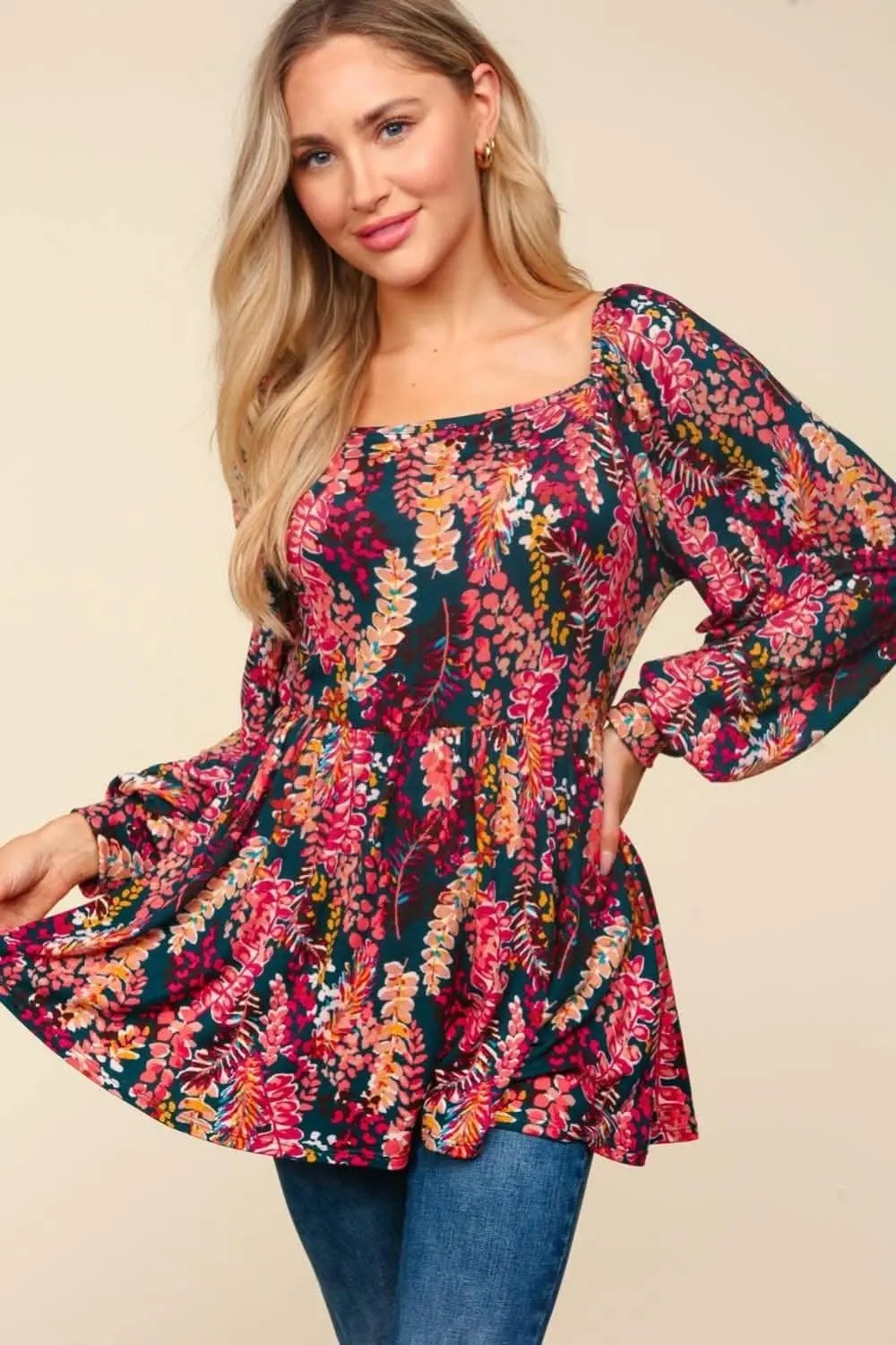 Pants Trendsi Haptics Full Size Peplum Floral Square Neck Blouse